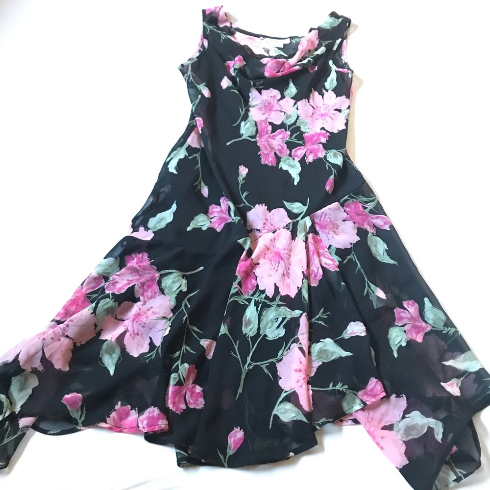 3x$25 Dressbarn floral dress, cowl neck asymmetrical hem